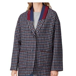 KULE Checked Pea Coat with Contrast Rib Collar in Burgundy & Navy